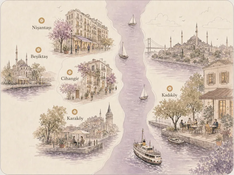 Trovar mahallelerinin İstanbul haritası — Nişantaşı, Beşiktaş, Cihangir, Karaköy, Kadıköy